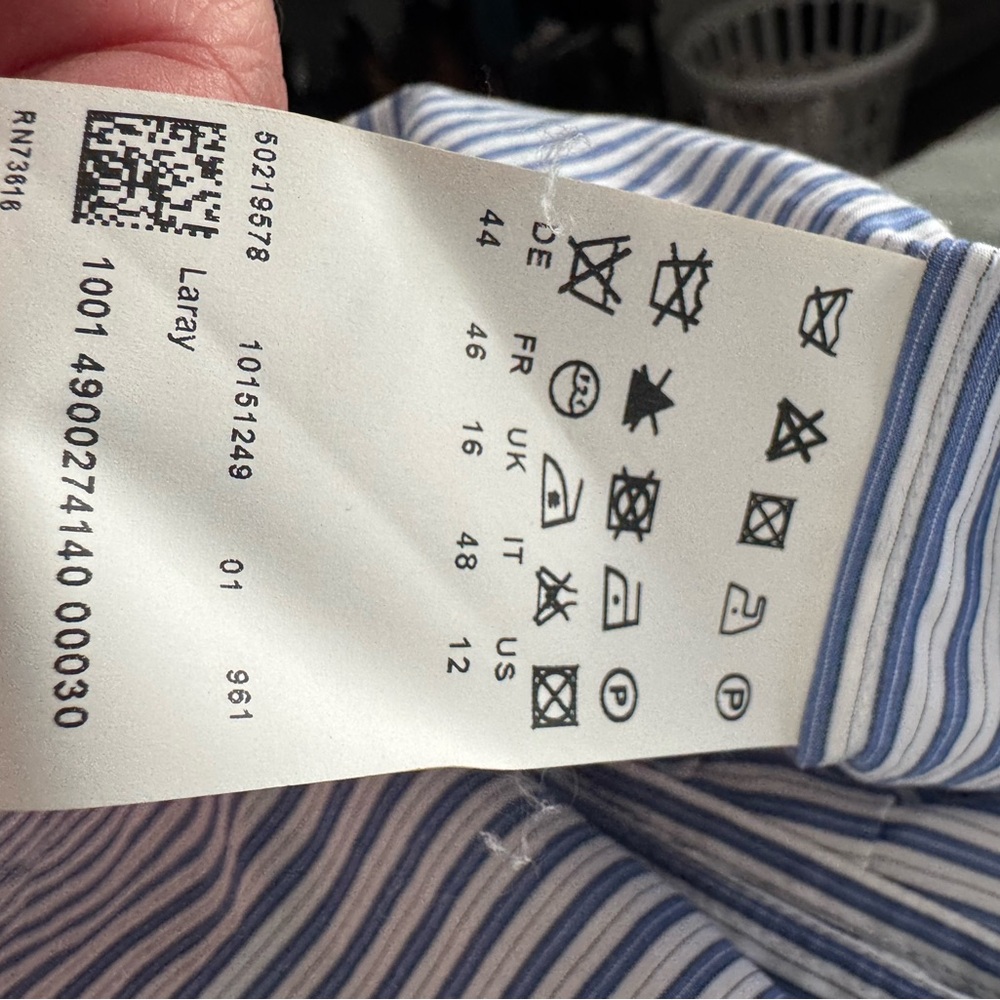 BOSS HUGO BOSS BLUE WHITE STRIPED RUCHED BUSINESS CASUAL SHIRT US SZ 12 - Picture 6 of 7